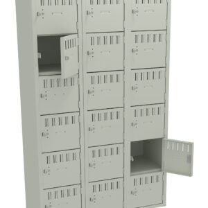 Three columns of gray metal lockers with five rows each. Some locker doors are open, revealing empty compartments inside. The lockers have small ventilation slits and locks on each door. The background is plain white.