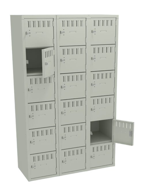 foacckukkvy9q21dnz85.jpg Three columns of gray metal lockers with five rows each. Some locker doors are open, revealing empty compartments inside. The lockers have small ventilation slits and locks on each door. The background is plain white.