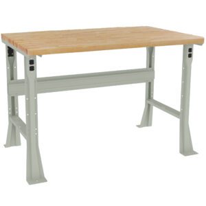 A sturdy workbench with a wooden top and a light gray metal frame. It has an empty tabletop with no items on it, supported by strong legs featuring holes for adjustments and stability.