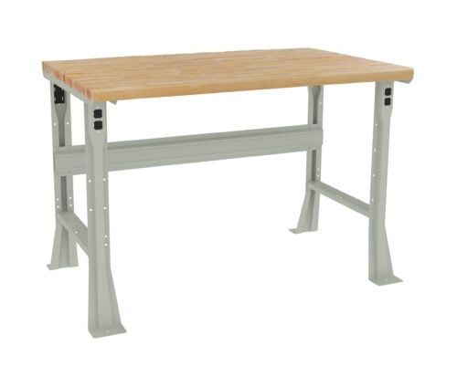 A sturdy workbench with a wooden top and a light gray metal frame. It has an empty tabletop with no items on it, supported by strong legs featuring holes for adjustments and stability.
