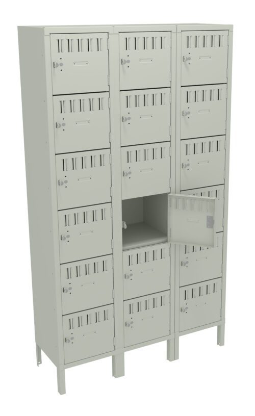 A light gray metal locker unit with three columns and five rows, featuring individual compartments. One compartment door is open, revealing an empty space inside. The lockers have ventilation slots and key locks.