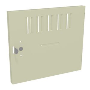 A beige metal panel with multiple rectangular ventilation slots on the top portion. Theres a keyhole and a circular grip near the left edge. The panel has a smooth surface and straight edges.