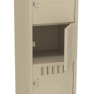 A tall beige metal locker with four compartments, each with vents and handles. The third compartments door is partially open, while the others are closed. The locker is standing on four legs.