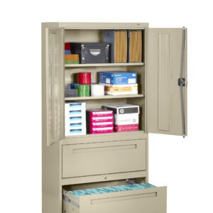 A beige metal cabinet with open doors and drawers reveals various office supplies. Shelves hold boxes, binders, and files, while two lower drawers are filled with hanging folders in one and more storage in the other.