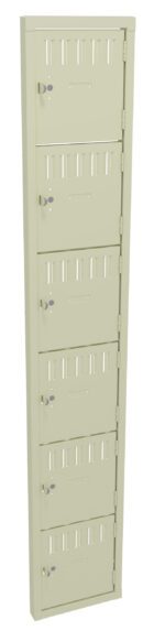 A tall, beige locker unit with six stacked compartments, each featuring a metal door with ventilation slots and a round locking mechanism. The locker is designed for personal storage in schools, gyms, or workplaces.