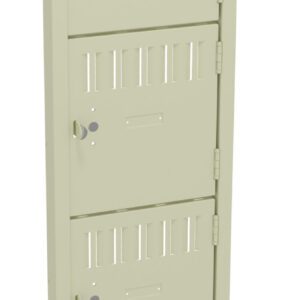 A tall, beige locker unit with six stacked compartments, each featuring a metal door with ventilation slots and a round locking mechanism. The locker is designed for personal storage in schools, gyms, or workplaces.