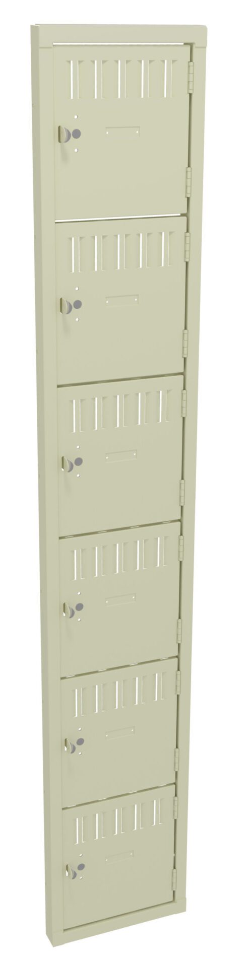 fpwehykpoq67pwu04ouh.jpg A tall, beige locker unit with six stacked compartments, each featuring a metal door with ventilation slots and a round locking mechanism. The locker is designed for personal storage in schools, gyms, or workplaces.