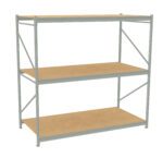 Metal shelving unit with three wooden shelves, featuring a sturdy frame with cross-bracing on the sides. The design is simple and functional, likely intended for storage in a garage or warehouse setting.