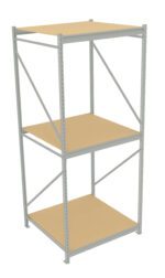 A metal storage rack with three wooden shelves, designed for warehouse or garage use. The structure is open on all sides and reinforced with metal diagonal supports. The shelves are evenly spaced and supported by a sturdy frame.