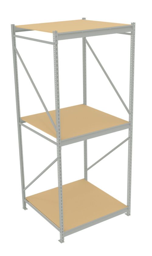 fq6bdbpnx5cfh0u9evxy.jpg A metal storage rack with three wooden shelves, designed for warehouse or garage use. The structure is open on all sides and reinforced with metal diagonal supports. The shelves are evenly spaced and supported by a sturdy frame.