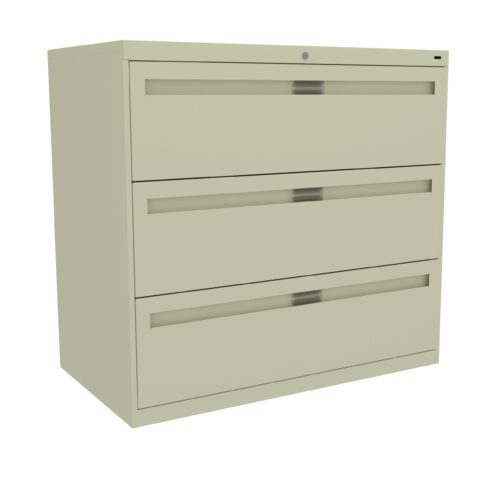 A beige, three-drawer filing cabinet with a lock on the top drawer. The cabinet has handles integrated into the drawer design, giving it a sleek and modern appearance. The drawers are closed.