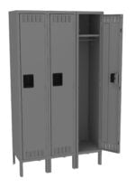 A row of three gray metal lockers, with the right one open, revealing a hanging rail and an empty interior. The lockers have ventilation slots and black handles.
