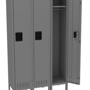A row of three gray metal lockers, with the right one open, revealing a hanging rail and an empty interior. The lockers have ventilation slots and black handles.
