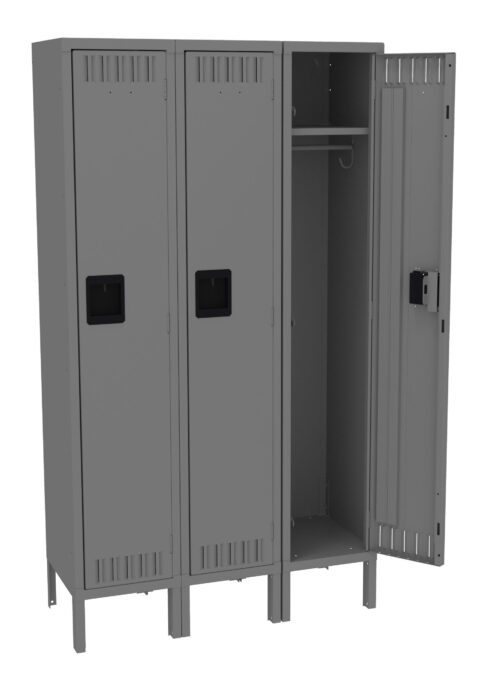 fqp2a1djakmjn7vwceih.jpg A row of three gray metal lockers, with the right one open, revealing a hanging rail and an empty interior. The lockers have ventilation slots and black handles.