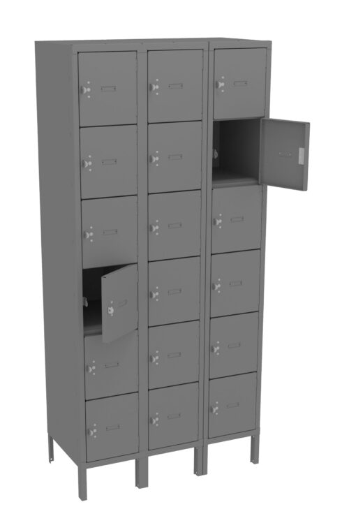 fqpdcr4ufaucwsjwlh7c.jpg Gray metal locker unit with three columns and five rows of square locker doors. Several doors are slightly open, revealing empty compartments inside. The unit stands on metal legs.