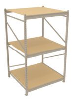 A three-tier metal shelving unit with beige shelves, shown against a plain white background. Each shelf is supported by a sturdy frame with cross-bracing for stability.