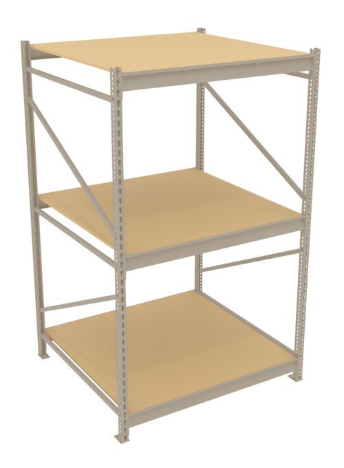 fqqvgv2tyrsgyrniq6qy.jpg A three-tier metal shelving unit with beige shelves, shown against a plain white background. Each shelf is supported by a sturdy frame with cross-bracing for stability.