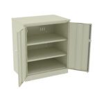 A beige metal storage cabinet with two doors open, revealing three shelves inside.