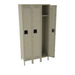 A beige, three-section metal locker stands with one door open. Inside, there are shelves and a hook. The other two lockers are closed. The locker has ventilation slots and black handles.