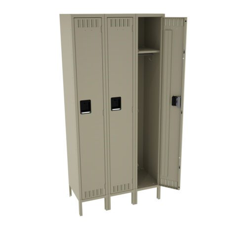 A beige, three-section metal locker stands with one door open. Inside, there are shelves and a hook. The other two lockers are closed. The locker has ventilation slots and black handles.