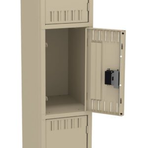 A beige metal locker with three compartments stacked vertically. The middle compartment door is open, showing the empty interior. The locker has black handles on each door.