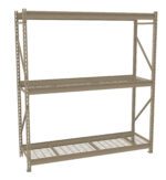 A beige metal storage shelf unit with two wire grid levels is shown. It has vertical support beams with a simple, industrial design and open sides, suitable for organizing or storing items in a garage or warehouse.