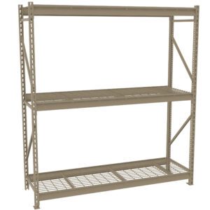 A beige metal storage shelf unit with two wire grid levels is shown. It has vertical support beams with a simple, industrial design and open sides, suitable for organizing or storing items in a garage or warehouse.