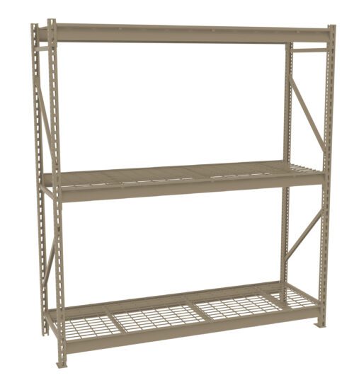 A beige metal storage shelf unit with two wire grid levels is shown. It has vertical support beams with a simple, industrial design and open sides, suitable for organizing or storing items in a garage or warehouse.