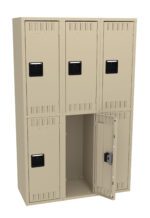 A beige metal locker unit with two rows of three lockers each. The bottom middle locker door is open, revealing the empty compartment inside. Each locker has a black handle and ventilation slots.