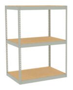 A metal shelving unit with three wooden shelves, featuring a simple, open design and supports with evenly spaced holes.