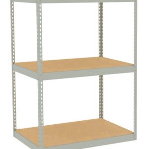 A metal shelving unit with three wooden shelves, featuring a simple, open design and supports with evenly spaced holes.