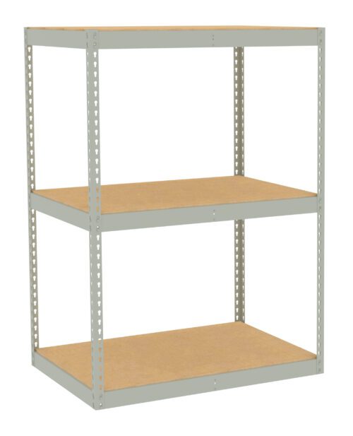 fsqgg06cf91mxzrjsxzz.jpg A metal shelving unit with three wooden shelves, featuring a simple, open design and supports with evenly spaced holes.