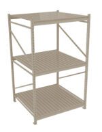 A beige metal storage rack with three slatted shelves and a sturdy rectangular frame. Designed for organizing and storing items in a warehouse or garage setting. The rack is empty, showcasing its spacious and durable construction.