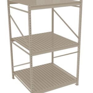 A beige metal storage rack with three slatted shelves and a sturdy rectangular frame. Designed for organizing and storing items in a warehouse or garage setting. The rack is empty, showcasing its spacious and durable construction.