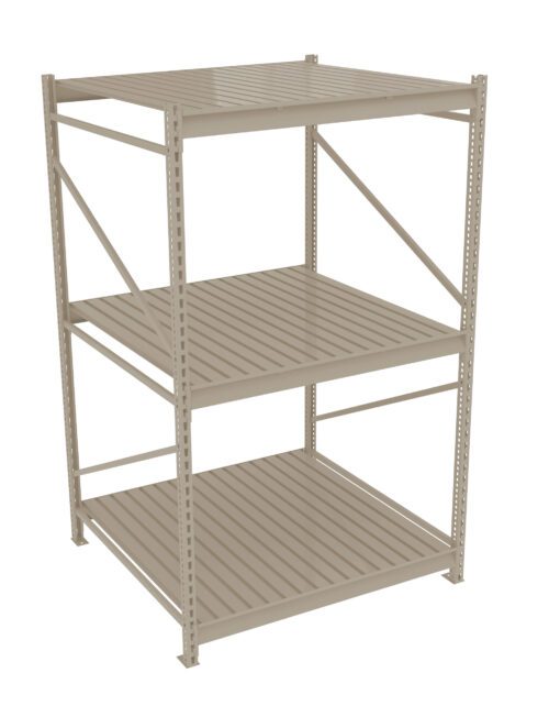A beige metal storage rack with three slatted shelves and a sturdy rectangular frame. Designed for organizing and storing items in a warehouse or garage setting. The rack is empty, showcasing its spacious and durable construction.