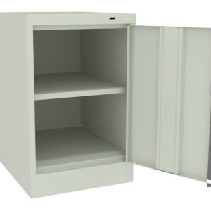 Light gray metal cabinet with an open door revealing two shelves inside. The cabinet has a plain design and stands on a flat surface.