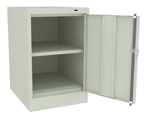 fsub472kzdisllojp9di.jpg Light gray metal cabinet with an open door revealing two shelves inside. The cabinet has a plain design and stands on a flat surface.