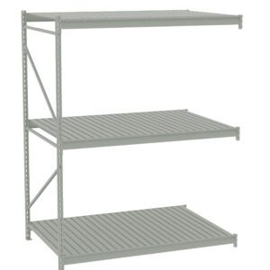 Three-tiered metal shelving unit with open design, constructed from light gray steel. Each shelf has a slatted base, supported by vertical beams with diagonal braces for stability. The unit is empty and stands against a plain white background.