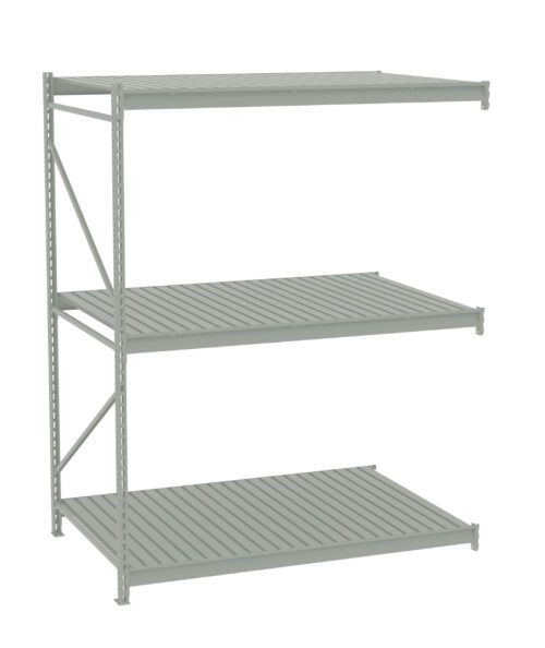 fsvforrwnrlzujoi5yj2.jpg Three-tiered metal shelving unit with open design, constructed from light gray steel. Each shelf has a slatted base, supported by vertical beams with diagonal braces for stability. The unit is empty and stands against a plain white background.