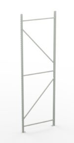 A tall, gray metal shelving frame stands against a white background. It has vertical supports with multiple holes and diagonal crossbars for stability.