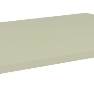 A beige, rectangular metal shelf viewed from a slight angle, displaying a flat surface with thin edges. The shelf has small holes on the side, suggesting it can be mounted or attached to a structure.
