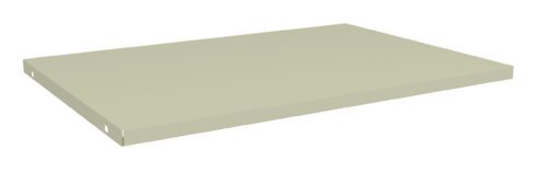 A beige, rectangular metal shelf viewed from a slight angle, displaying a flat surface with thin edges. The shelf has small holes on the side, suggesting it can be mounted or attached to a structure.