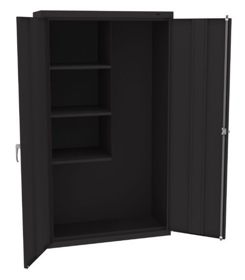 Open black metal cabinet with two doors, revealing three shelves on the left side and an open space on the right. The cabinet has a simple, industrial design and is suitable for storage.