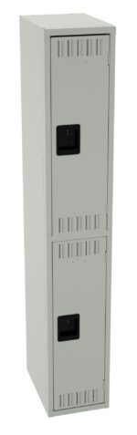 A tall, beige metal locker with two compartments, each featuring a black handle. The locker doors have ventilation slots near the top and bottom. The design is simple and utilitarian.