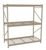 A beige industrial metal shelving unit with two wide, ventilated metal shelves. It has sturdy beams and diagonal supports on the sides for stability. The shelving is empty and designed for heavy-duty storage needs.