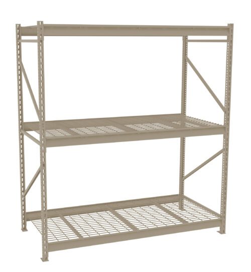 A beige industrial metal shelving unit with two wide, ventilated metal shelves. It has sturdy beams and diagonal supports on the sides for stability. The shelving is empty and designed for heavy-duty storage needs.