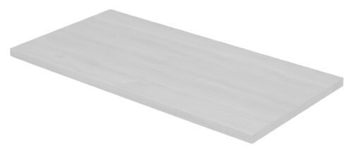 A rectangular, light gray wooden shelf with a smooth surface, viewed from an angle against a white background.