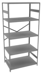 The Penco Clipper Shelving unit features five evenly spaced shelves, ideal for storage. Its simple, utilitarian design is crafted from gray metal, making it perfect for garages, offices, or warehouses.