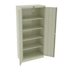 A beige metal storage cabinet with two open doors, revealing five spacious shelves. The cabinet has a sleek, functional design, suitable for organizing various items in an office or workshop setting.