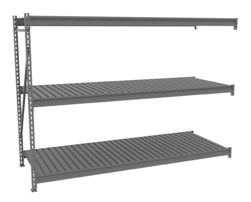 Three-tier industrial metal shelving unit with a minimalist design, featuring gray horizontal slatted shelves supported by vertical posts on one side. The shelves are evenly spaced, providing ample storage space.